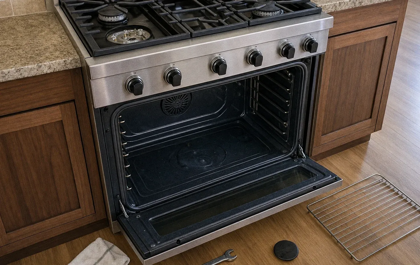 A gas range set into dark wood cabinetry with the oven door lowered and a rack standing on the floor beside it