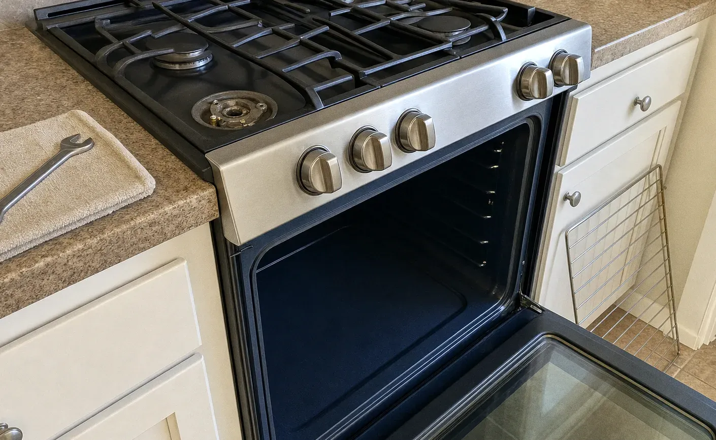 A gas range with the oven door open on dark glass and cast-iron grates across the cooktop above